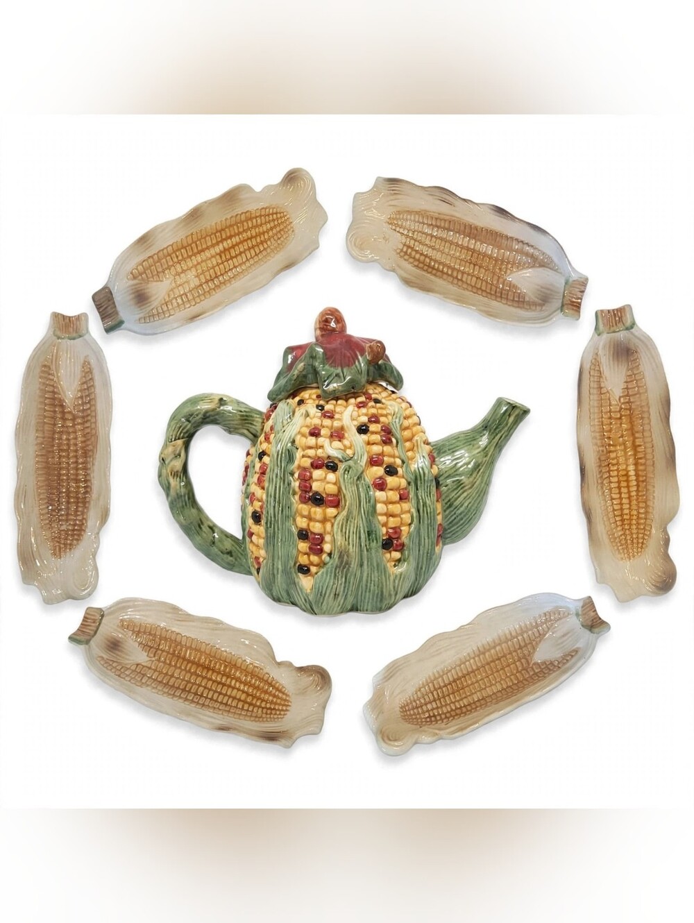 Vintage 1970s Ceramic Corn Set 7pc - 6 Corn on the Cob Dishes +  Corn Teapot